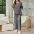 thumbnail image 4 of WTOBBY Women's Loose Fashion Solid Color Split Hem Round Neck Short Sleeve Top and Long Pants Two Piece Casual Summer Set for Women,Gray XL, 4 of 6