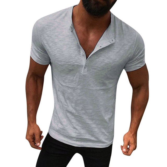 Mens Casual Solid Design Buttons Short Sleeve Shirt Top Blouse