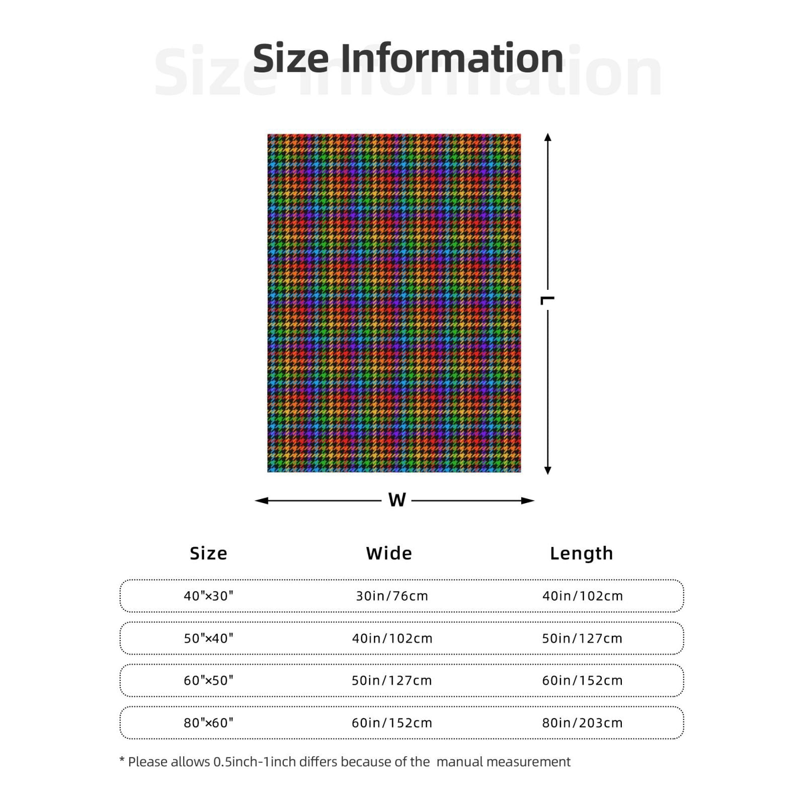 Hirioo Rainbow Houndstooth for Flannel Blanket, Cozy and Warm Throw for Bed or Couch ,Perfect for All Seasons-80"x60"