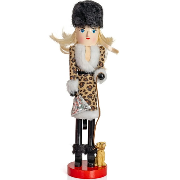 Ornativity Shopping Lady Christmas Nutcracker Brown Wooden Glitter Shopper, Dog Themed Doll Figure