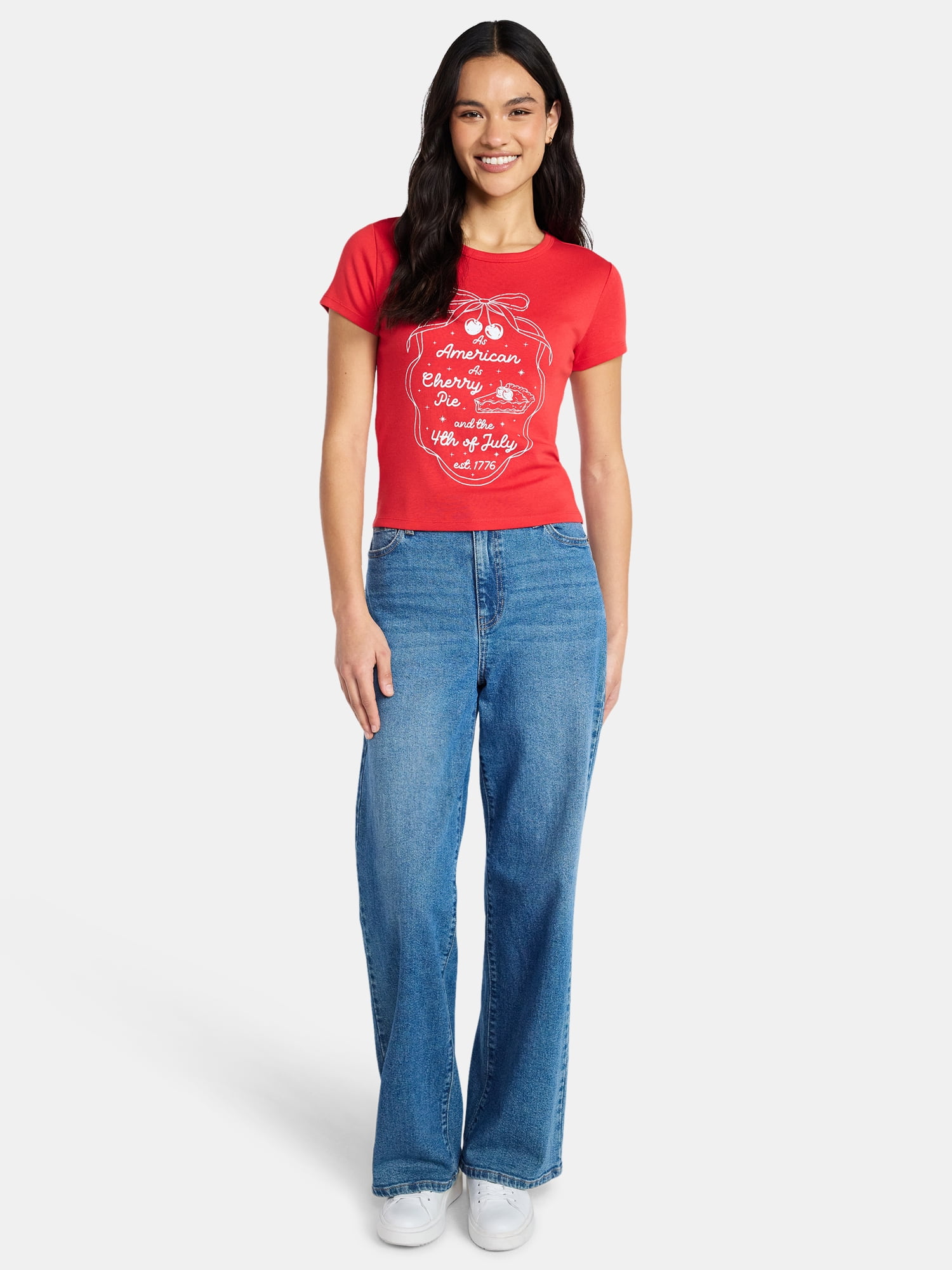 Social Edition Women's American Cherry Pie Graphic Tee with Short Sleeves, Sizes XXS-XXL