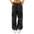 thumbnail image 2 of IBTOM CASTLE Women's Low Waist Drawstring Wide Leg Casual Vintage Y2K Baggy Cargo Jogger Relaxed Loose Hip Hop Pants S Black, 2 of 5