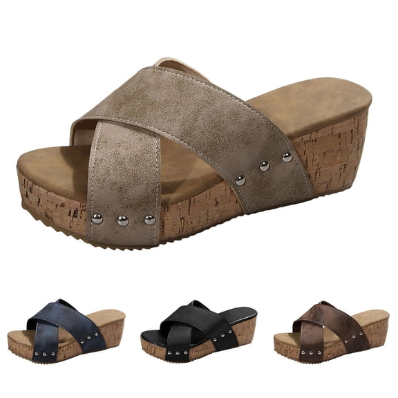 Modstep Women Platform Wedge Sandals Cork Wedges Heels Slip on Slides Comfortable Open Toe Casual Dressy Summer Vacation Shoes size 6 Black