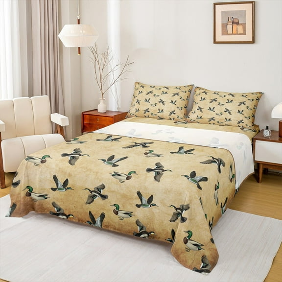 Manfei Rustic Mallard Twin Sheet Sets,Countryside Duck Twin Fitted Sheet,Green Brown Flat Sheet For Boys Kids,Luxury Bedroom Decor,3 Pieces