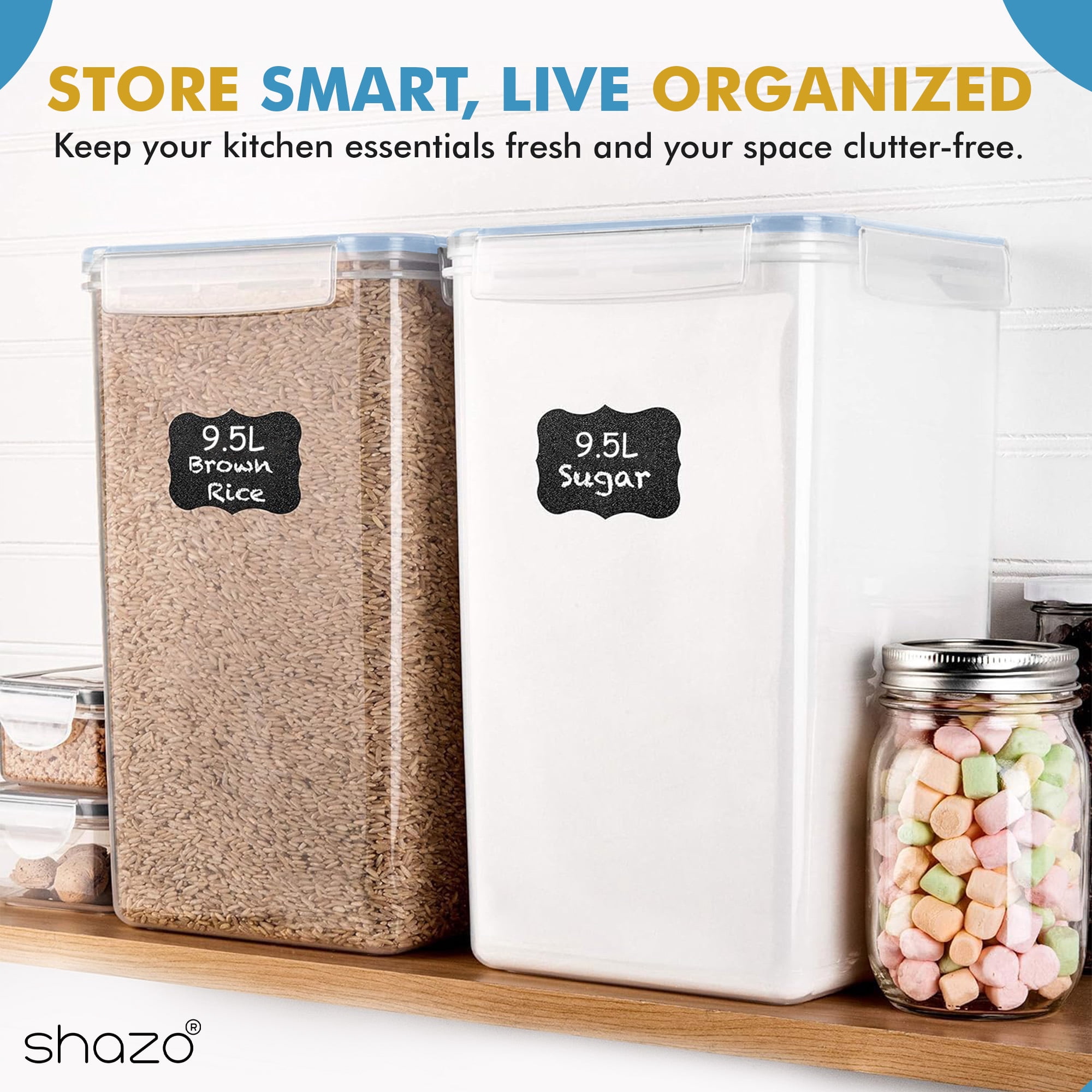 Shazo 2PC (9.5L | 321 oz) Extra Large Airtight Flour Sugar Storage Containers, BPA Free Plastic Food Storage Containers with Lids, Includes 2 Measuring Spoon