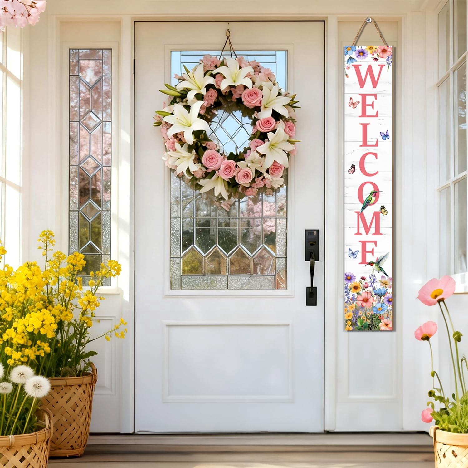 Hummingbird Welcome Sign For Front Door  Spring Porch Tulip Flowers Outdoor Yard Seasonal Tall Floral Wildflowers Wood Garden Patio Wall Home Decor