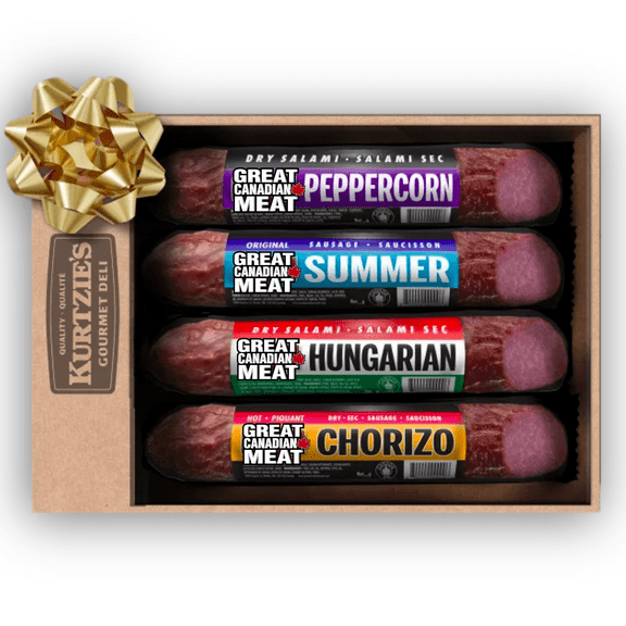 Great Canadian Meat Gourmet Salami Sampler - 4 x 275g (1,100g) - Peppercorn, Chorizo, Hungarian, Summer Sausage - High Protein, Low Fat, Gluten Free  - Perfect for Charcuterie Boards, Gift Baskets