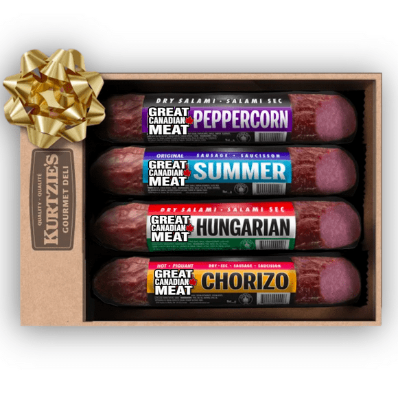 Great Canadian Meat Gourmet Salami Sampler - 4 x 275g (1,100g) - Peppercorn, Chorizo, Hungarian, Summer Sausage - High Protein, Low Fat, Gluten Free  - Perfect for Charcuterie Boards, Gift Baskets