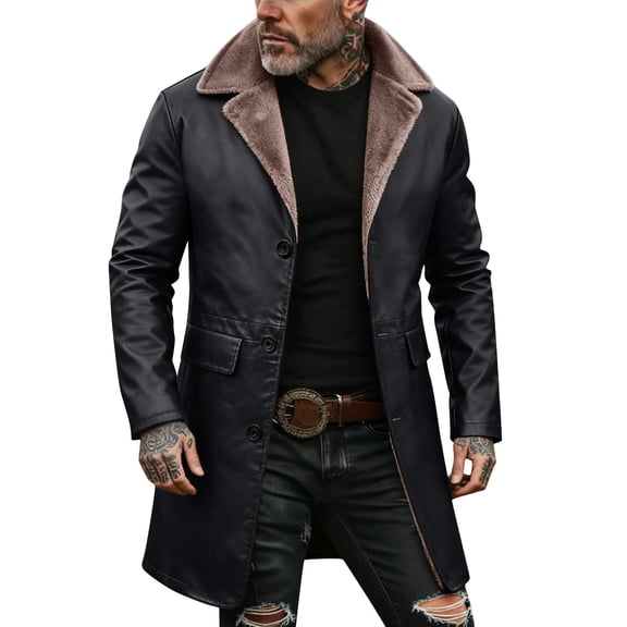 Men's Solid Color Button Pocket Workwear Fleece-lined Leather Jacket, Men's Casual Long Coat Black L