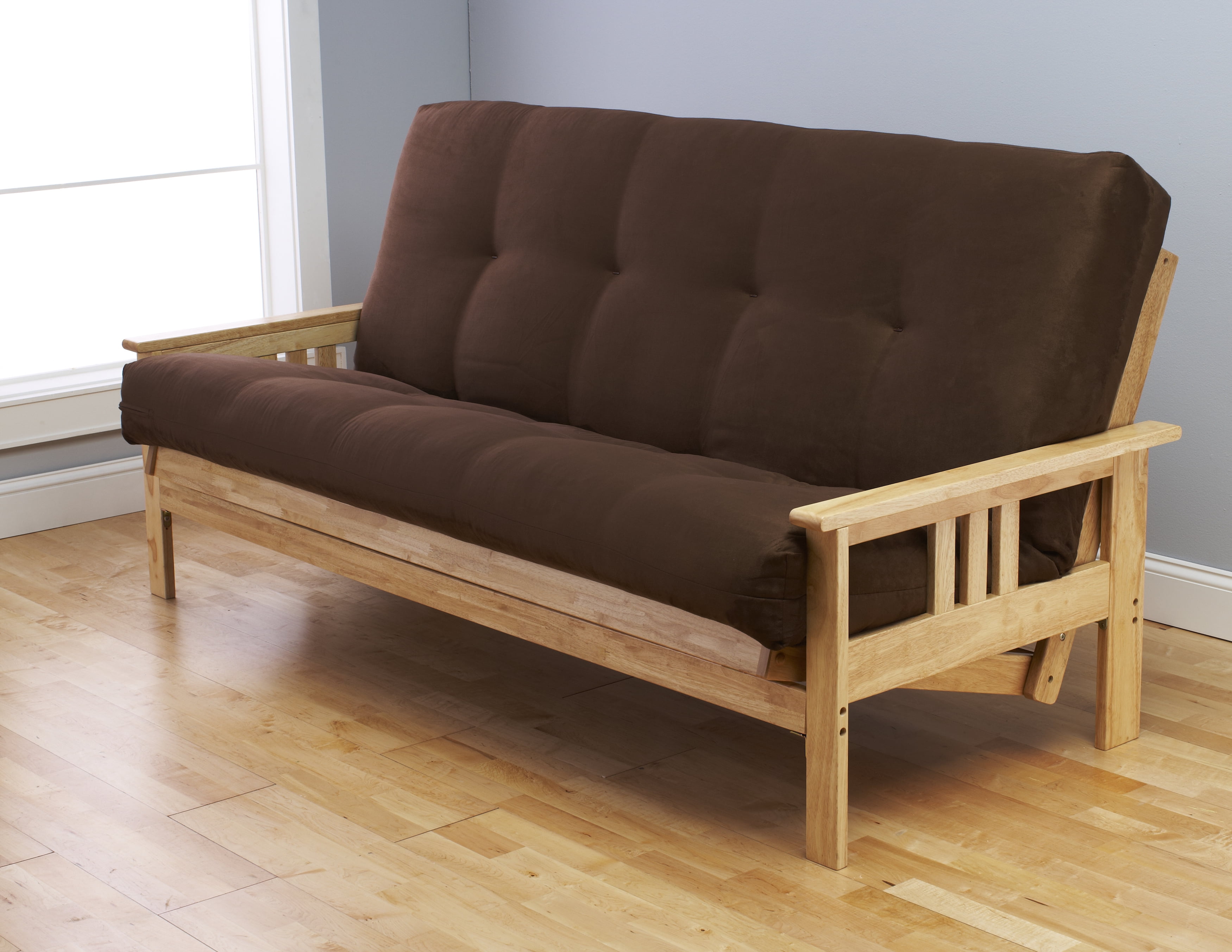 Woodbury Full Size Futon Sofa, Natural Finish Hardwood Frame And Soft Suede Innerspring Mattress