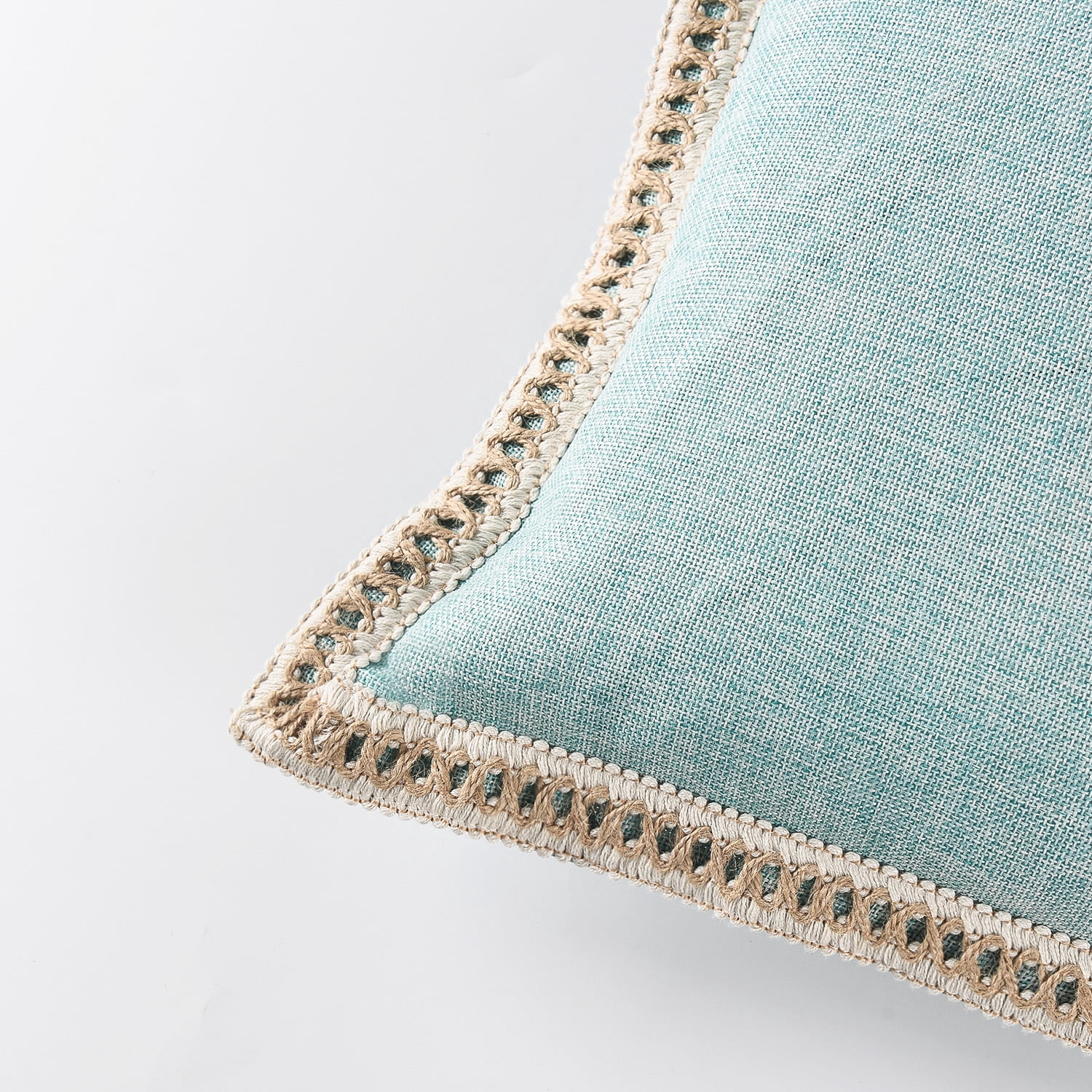 EvJk Set of 2 Aqua Throw Pillow Covers Vintage Linen Trimmed Cushion Covers, 18"x18"