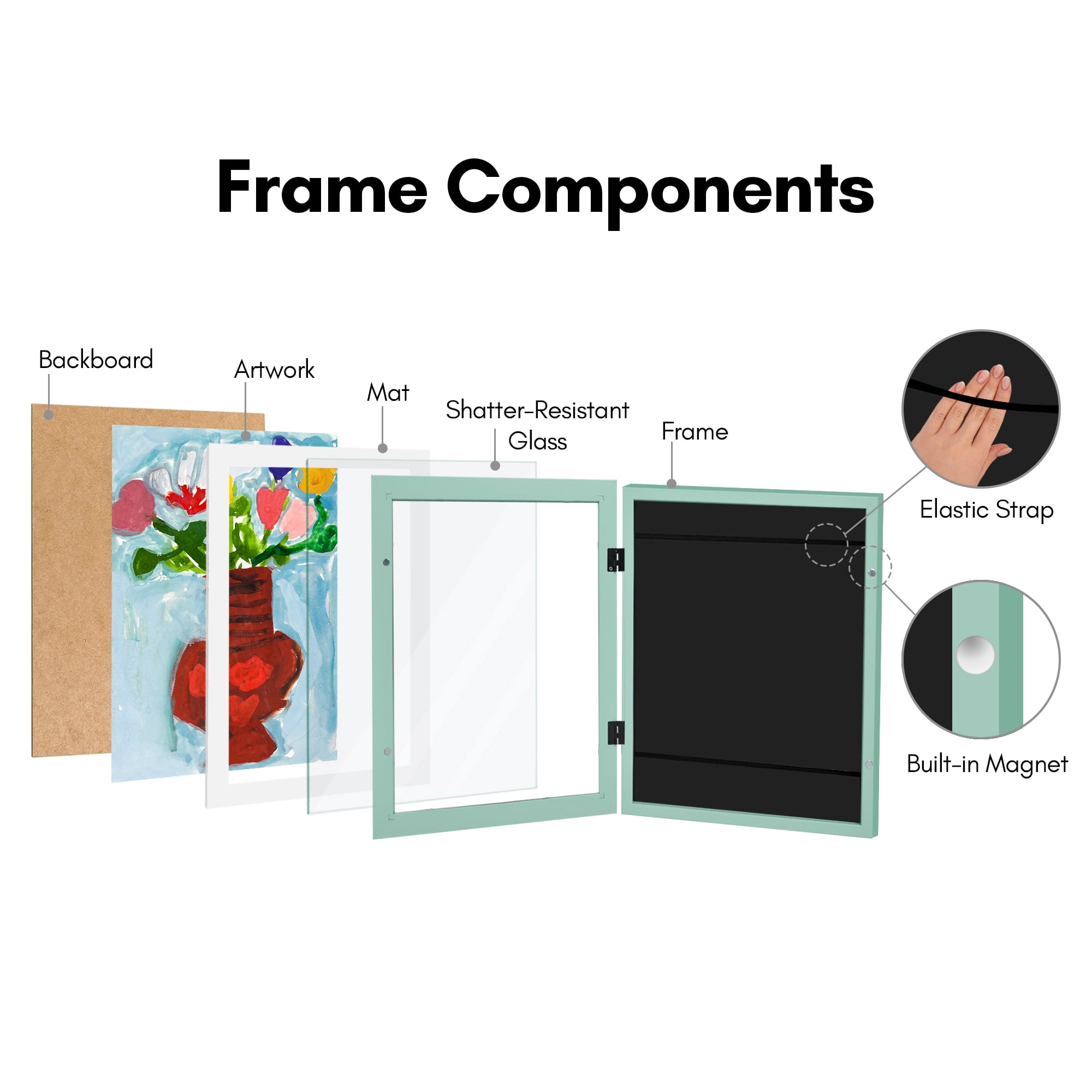 Americanflat 10x12.5 Kids Art Frame with 8.5x11 Mat Holds 100 Art Pieces Magnetic Letter Size Mini - Seafoam Green