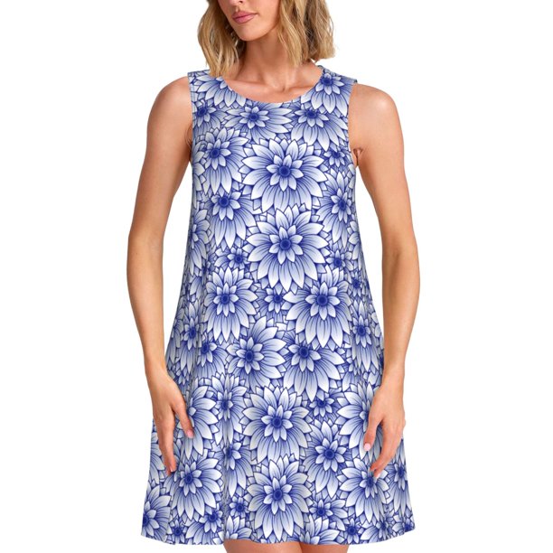 Fotbe Blue And White Flowers Vestido de Verano sin Mangas para Mujer – Vestido Midi Línea A, Estilo Camiseta Floral, Vestido Playero Casual y Fluido
