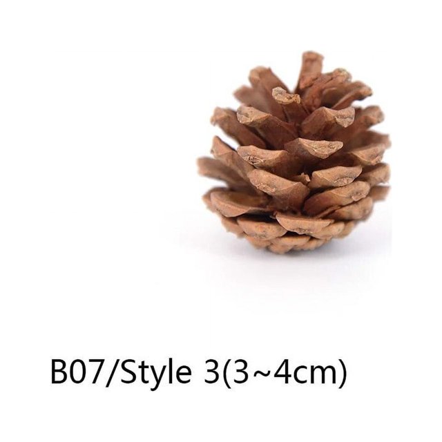 decoración de navidad para el hogar, accesorios de guirnalda de pino natural — Cono de pino marrón (3–4 cm) en vista frontal centrada, escamas abiertas y textura rugosa sobre fondo blanco; adecuado para guirnaldas, bricolaje y decoraciones de mesa o boda.