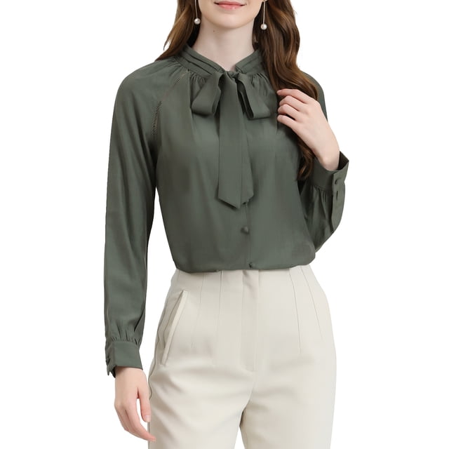 CAMISA DE MODA DE MUJER CON LAZO EN EL CUELLO Y MANGAS LARGAS, DECORACIÓN DE BOTONES, M GRIS VERDE