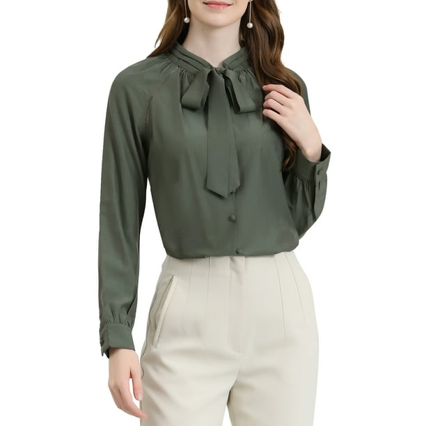 CAMISA DE MODA DE MUJER CON LAZO EN EL CUELLO Y MANGAS LARGAS, DECORACIÓN DE BOTONES, M GRIS VERDE