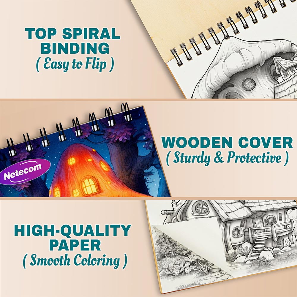 Gnomes House Coloring Book Spiral Bound For Adults, A5 Wooden Cover, 30 Charming Coloring Pages of Enchanted Gnome Villages for Stress Relief and Relaxation
