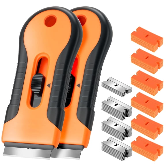 Razor Blade Scraper Set, 2 Orange Tools with 35 Metal & 60 Plastic Blades for Cleaning, Paint & Sticker Removal