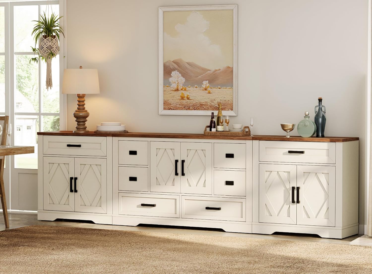 WAMPAT 117"W Large TV Stand,3-in-1 Farmhouse Entertainment Center with Storage Barn Door Cabinet,TV Console Table With Media Cabinet and Drawers for Living Room,Bedroom,Cream White
