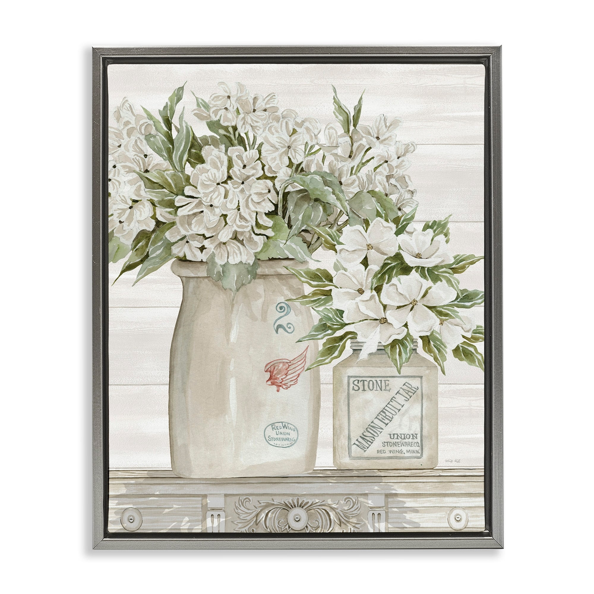 Stupell Industries Alluring White Florals Classic Country Ceramic Jars Luster Gray Framed Floating Canvas Wall Art, 24x30, by Cindy Jacobs