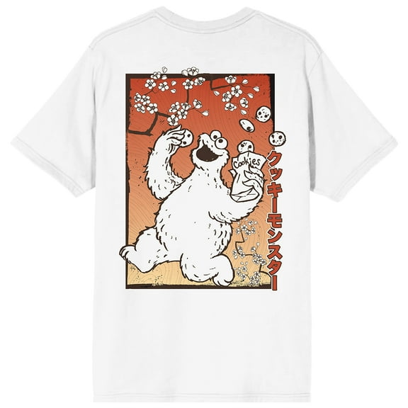 Sesame Street Cookie Monster Sakura Flowers Adult White Crew Neck Short Sleeve T-shirt-Medium