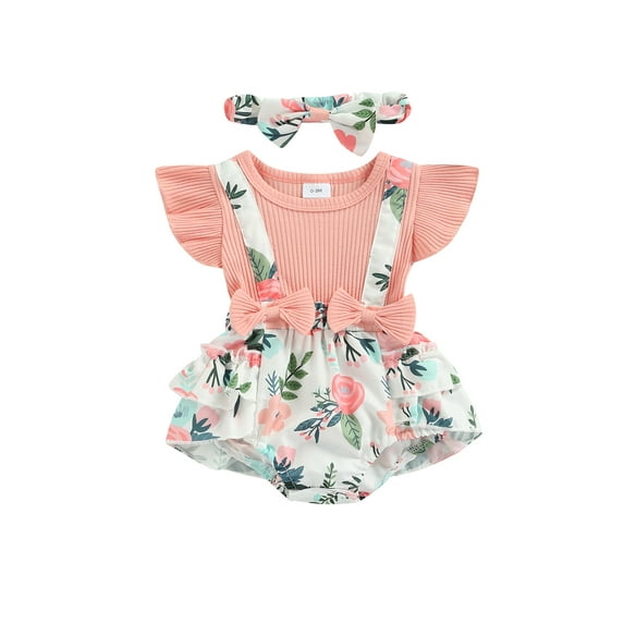 Qmyliery Baby Girl Romper, Short Sleeve Round Neck Toddlers Loose Summer Casual Ruffle Dress+Headband