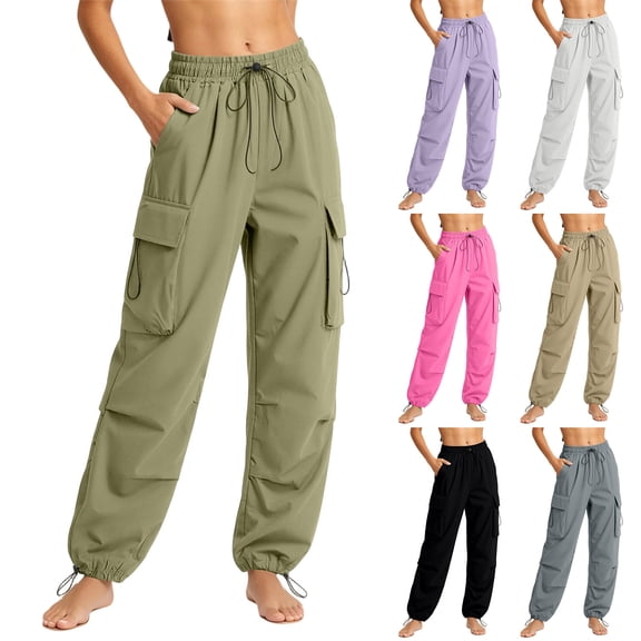VBVC Women's Drawstring Parachute Cargo Pants , Lightweight Adjustable Hem Trousers For Women,Ladies' High Waisted Jogger Pants with Pockets,Army Green,M-5XL