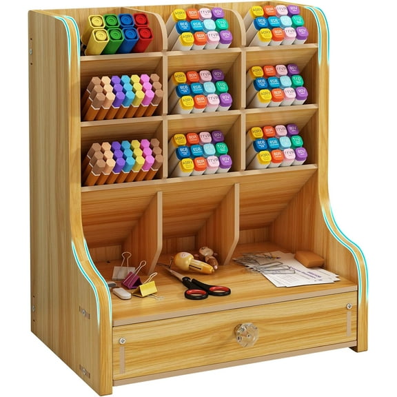 Pen Organizer for Desk,Updated Thicker Wooden DIY Pen Holder with Drawer,Desk Stationary Organizer Storage for Home Office Supplies (Cherry Color)