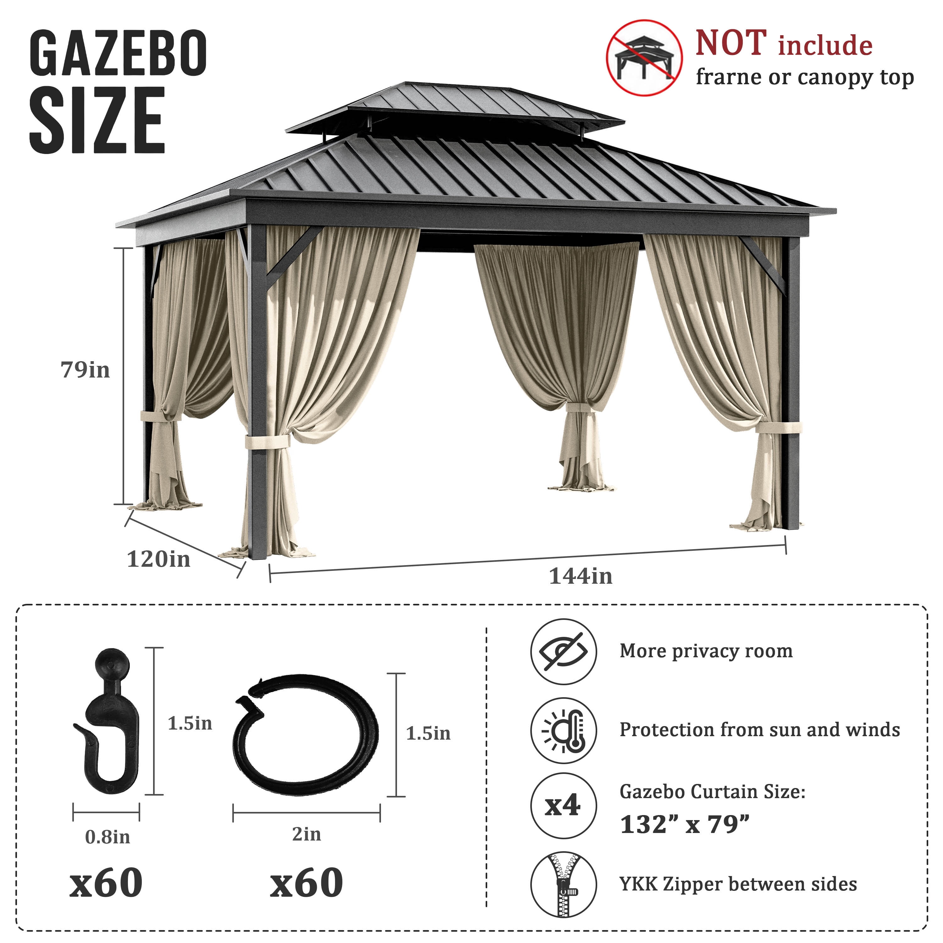 Pakunoda 11' X 6.5' Gazebo Universal Replacement Privacy 4-Panel Curtains, Waterproof Outdoor Curtains Cream Sidewall with Zipper for Patio Garden Backyard 10' X 12' Gazebo, Curtain Only