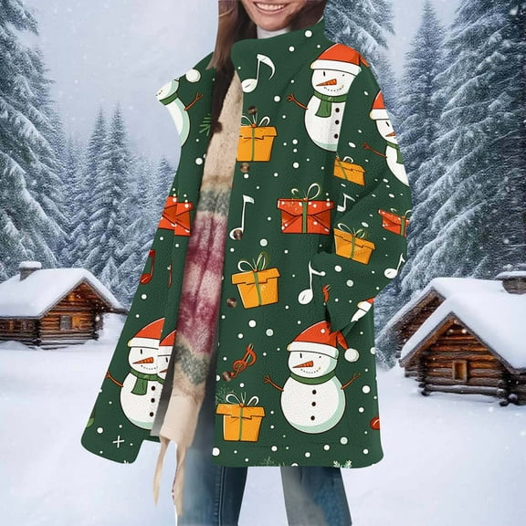 Womens Coats Christmas Printed Turdown Collar Button Casual Winter Loose Long Sleeved Jacket,Coats for Women Army Green L