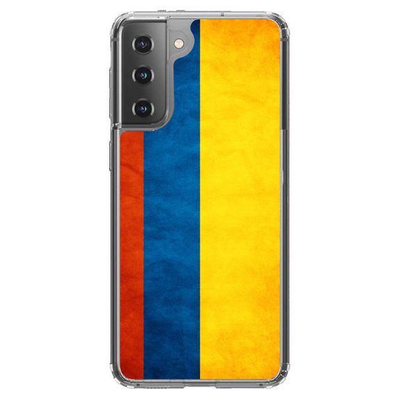 DistinctInk Clear Shockproof Hybrid Case for Galaxy S21  PLUS 5G (6.7" Screen) - TPU Bumper, Acrylic Back, Tempered Glass Screen Protector - Colombia Old Flag - Show Your Love of Colombia
