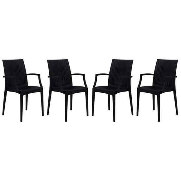LeisureMod Modern Weave Mace Indoor Outdoor Dining Armchair in Black Set of 4