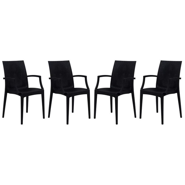 LeisureMod Fauteuil de Salle à Manger Moderne Tissé Mace Intérieur Extérieur Noir Ensemble de 4