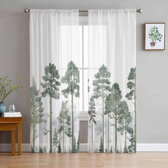 Forest Trees Sheer Curtains 84 Inches Long 2 Panels Set, Window Sheer Curtains for Living Room/Bedroom, Chinese Pine Branches Watercolor Plant Green Light Filtering Rod Pocket Curtain 52'' x 84'' x 2