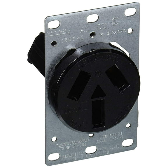 Leviton 5206-S10 50 Amp, 125/250 Volt, NEMA 10-50R, 3P, 3W, Flush Mounting Receptacle, Straight Blade, Industrial Grade, Non-Grounding, Side Wired, Steel Strap, Black