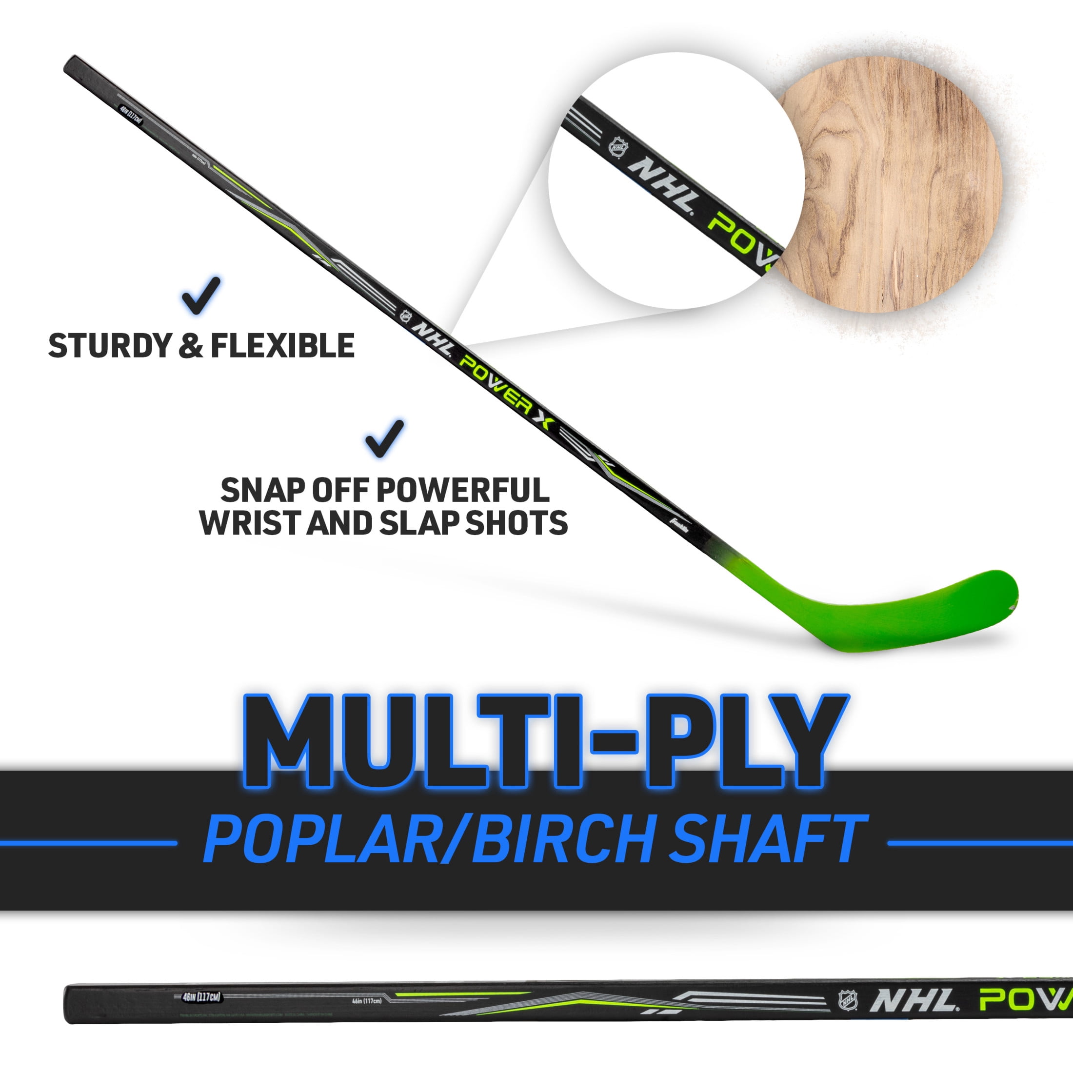 Franklin Sports Street Hockey Sticks - Power X Youth Street Hockey Stick - Wood and Fiberglass Shaft - ABS Blade - One Piece - 46" Right Handed