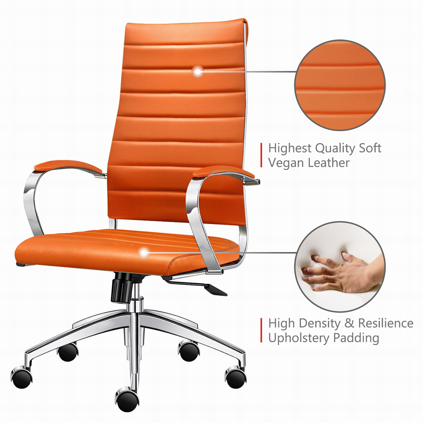 LUXMOD High Back Office Chair with Armrest, Orange Adjustable Swivel Chair in Durable Vegan Leather, Ergonomic Desk Chair for Extra Back & Lumbar Support –Orange