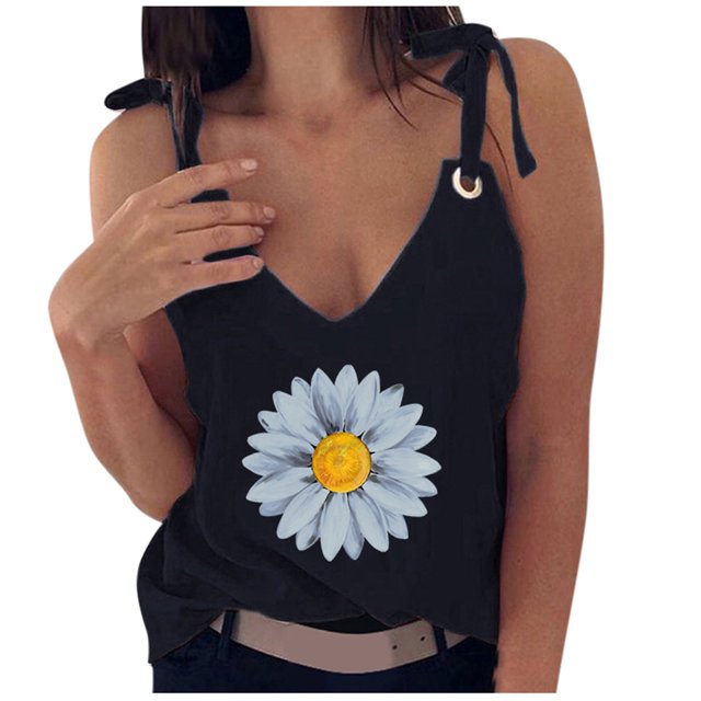 Pompotops Camisole Tendance Mode 2021 Col en V Imprimé Marguerite pour Femmes