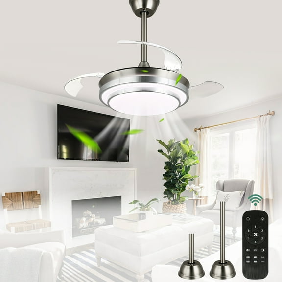 Cusp Barn 36" Chrome Modern Retractable Ceiling Fan with Dimmable LED Light and Remote, 6 Speeds Fandelier Ceiling Fan