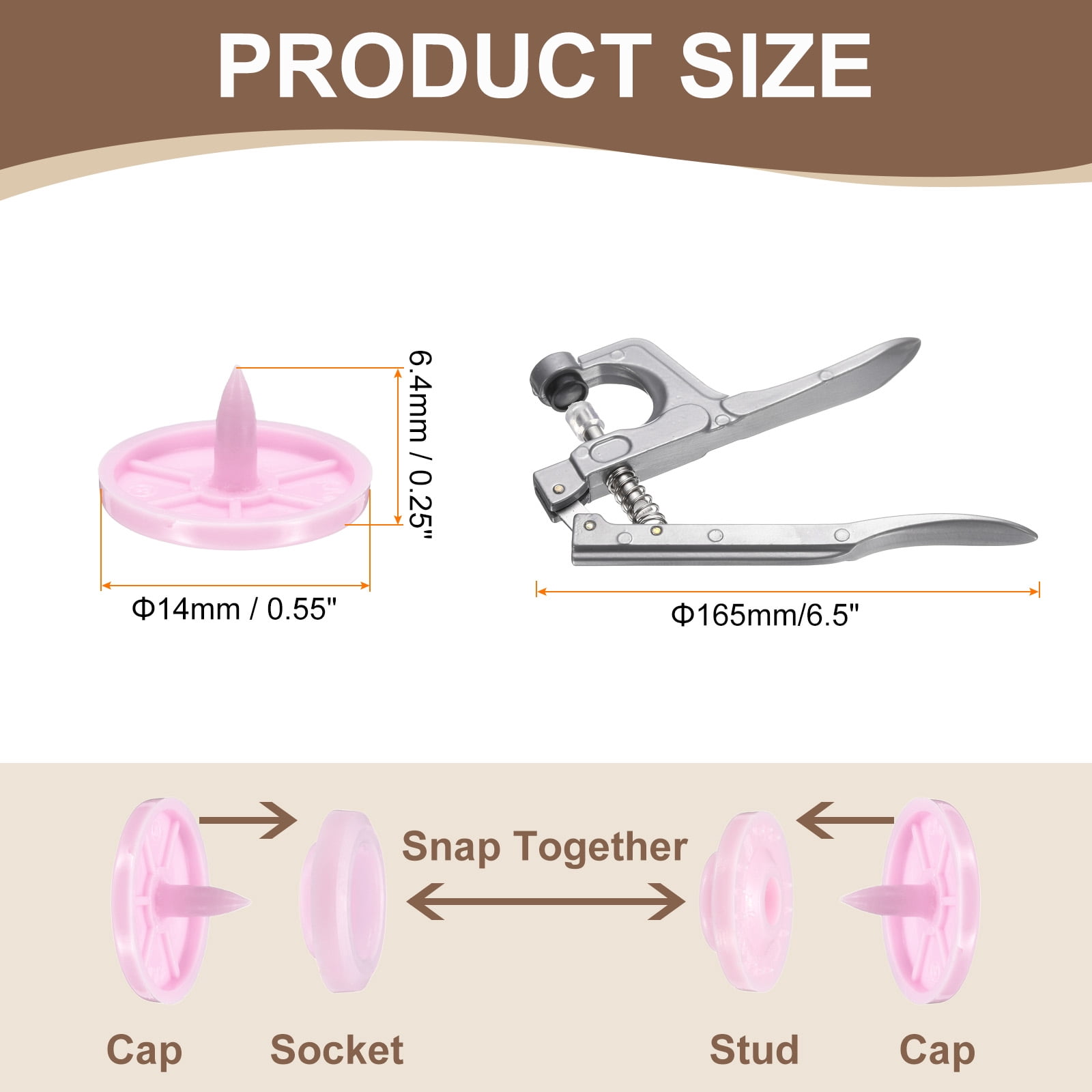 Uxcell Plastic Snaps Fasteners with Snap Pliers, 100 Set T8 Round Resin No-Sew Button Snap Fasteners Kit Pink