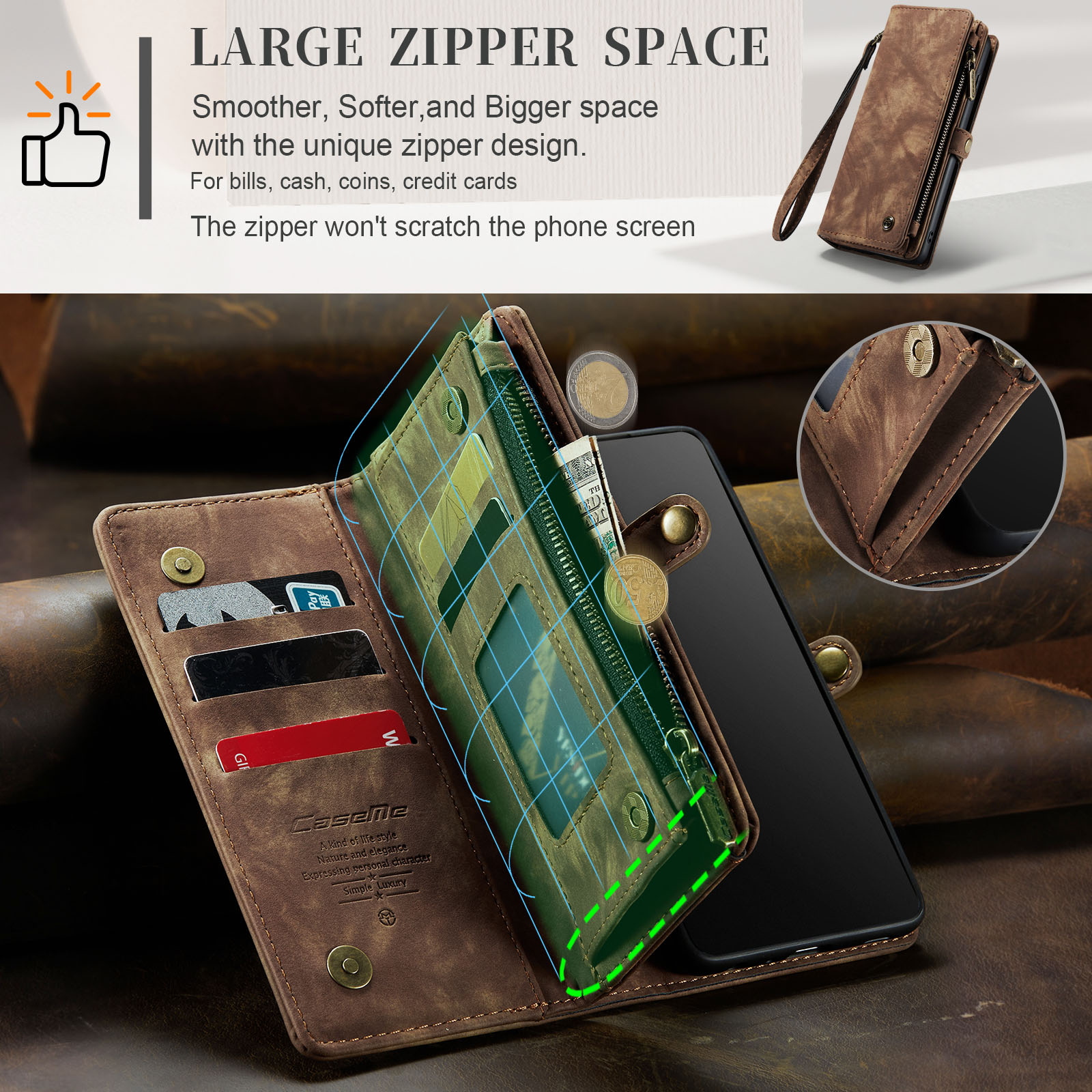 For Samsung Galaxy S10 Wallet Case,Multi-Functional Retro Leather Purse Flip Cover Zipper Wallet Case with Removable Card Slots Pocket & Detachable Wrist Strap Magnetic Phone Case, Darkbrown
