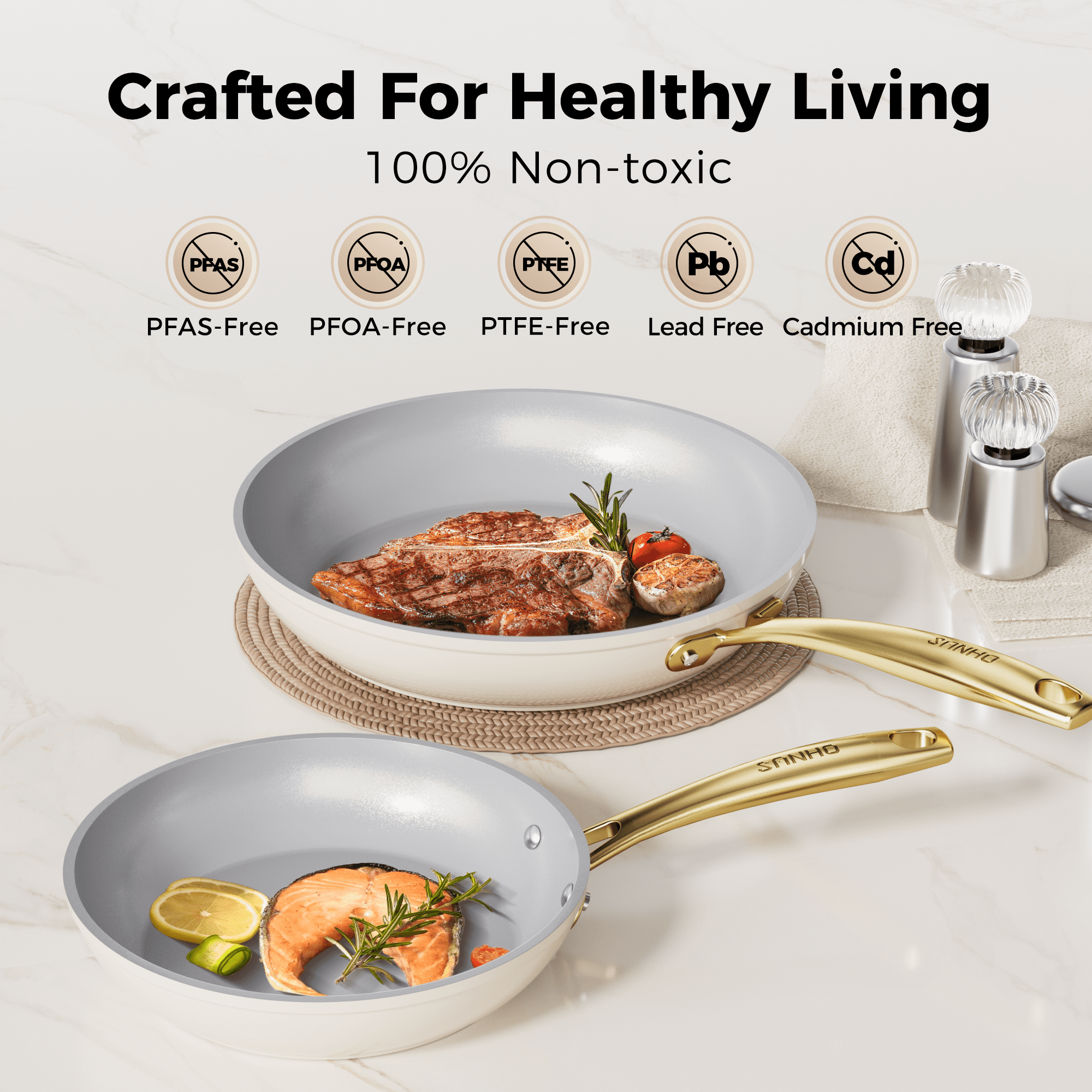 Sanho Ceramic Nonstick Fry Pan Set, 2-Piece (10 & 12 inch) Skillets, Diamond-Titanium Coating, Oven & Induction Safe, Non-Toxic