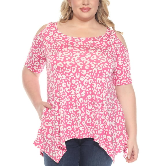 White Mark Short Sleeve Cold Shoulder Leopard Print Tunic Top, Women's Plus, 1X-3X