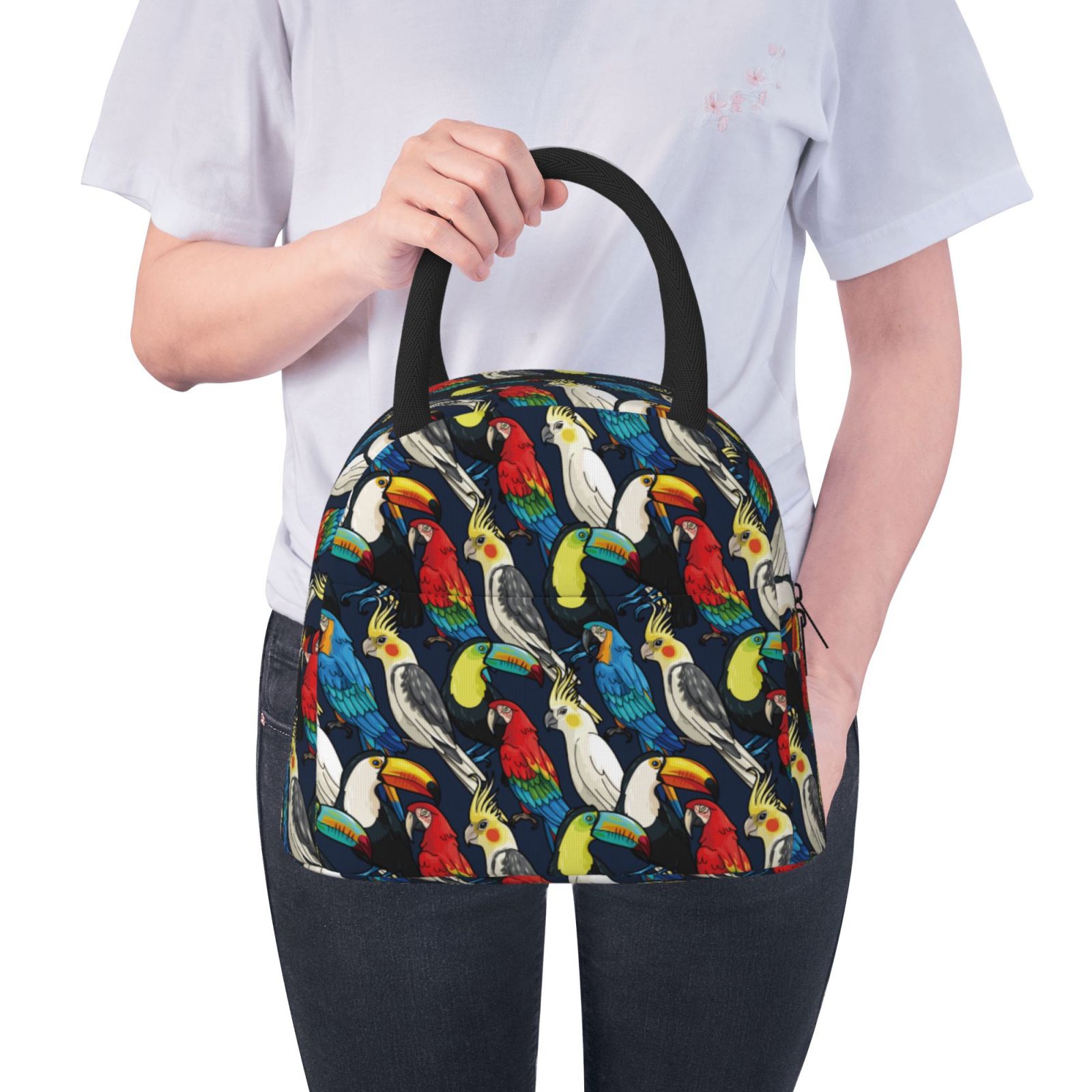 Horeoi Parrot Pattern Large Insulated Lunch Bag for Work, School, Picnic - Waterproof, Durable Oxford Cloth, Comfortable Handle-Black
