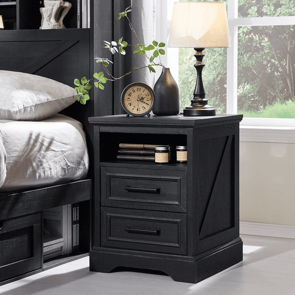 EDX 2 Drawers 24" Wood Nightstand with Drawers and Charging Station, Bedside Table for Bedroom or Living Room, Black