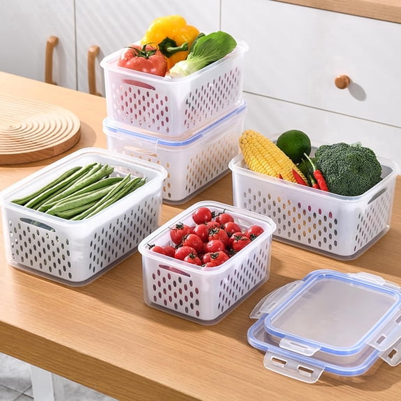 QOPR 3-Piece Fruit Storage Containers for Fridge, Clear Food Storage Containers with Lids and Drain Basket, 850ml, 1750ml, 3300ml