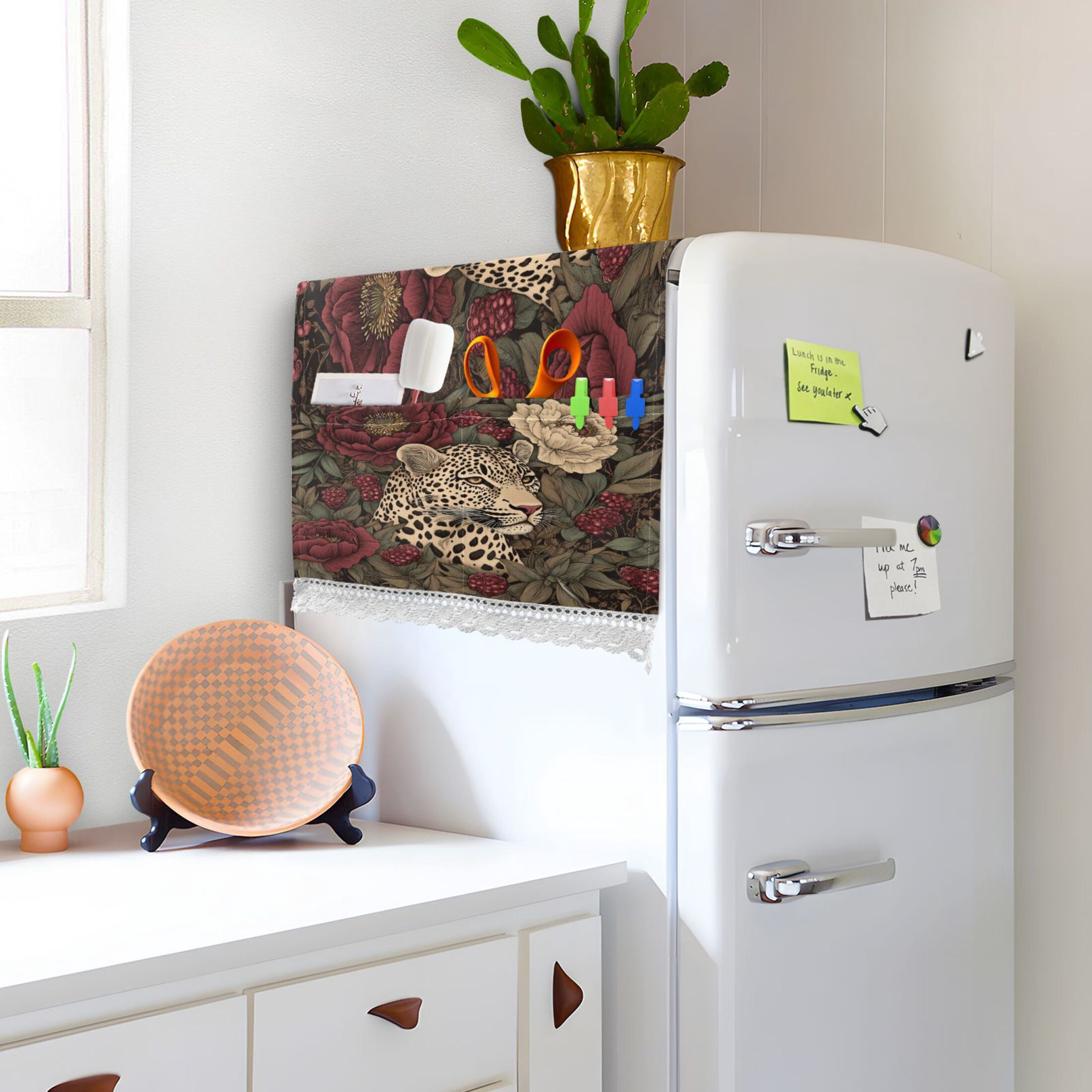 Washing Machine Cover 51.2x22in, Durable Polyester Dust Cover with Lace Trim and Side Pocket for Appliances Roses Leopard