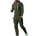thumbnail image 2 of Virmaxy Hoodies For Men 2 Piece Solid Colour Hooded Crew Neck Pullover Top Drawstring With Pocket Yoga Pants Set Olive Green M, 2 of 6