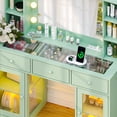 thumbnail image 6 of Zimtown Makeup Vanity with 3 Colors Light Mirror, Glass Top Vanity Desk with Two Glass-Door Storage Cabinets & Charging Station, Light green, 6 of 8