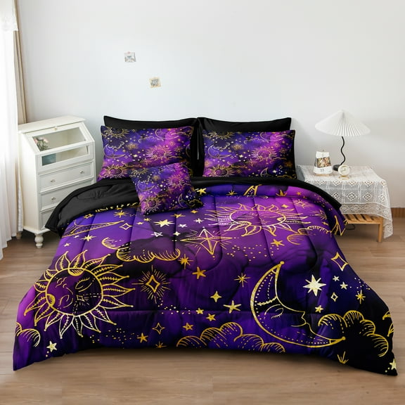 8 Pieces Universe Bed in a Bag Sun and Moon Comforter Set Queen Size Galaxy Bedding Blue Gold Moon Star Pattern Bohemian Gothic Comforter Set for Boys Girls Women
